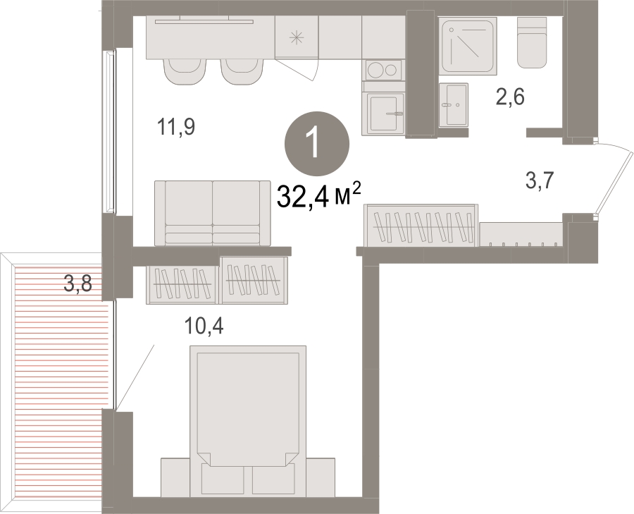 1-комнатная квартира в ЖК URAL на 18 этаже в 5 секции. Сдача в 4 кв. 2024 г.