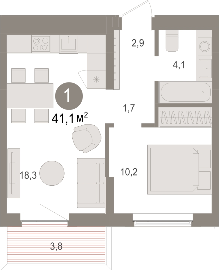 1-комнатная квартира в ЖК URAL на 22 этаже в 8 секции. Сдача в 4 кв. 2024 г.