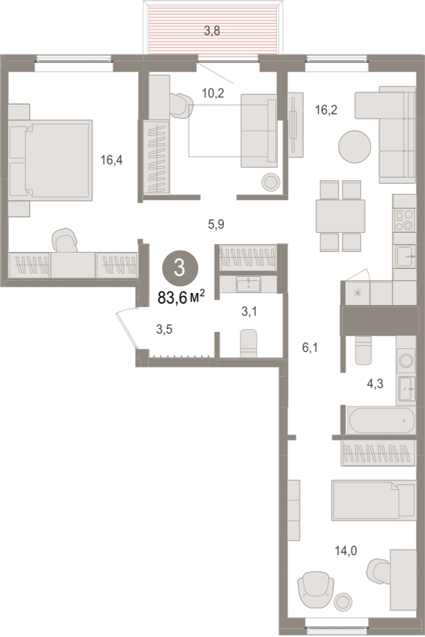 1-комнатная квартира в ЖК URAL на 23 этаже в 5 секции. Сдача в 4 кв. 2024 г.