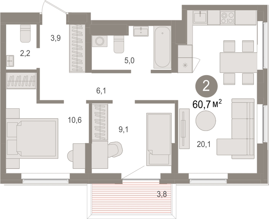 3-комнатная квартира в ЖК URAL на 7 этаже в 5 секции. Сдача в 4 кв. 2024 г.