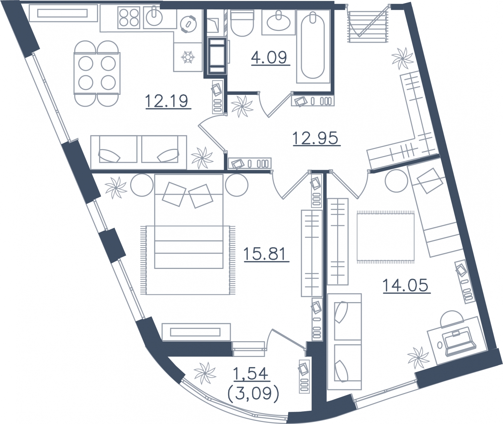 3-комнатная квартира с отделкой в е.квартал «Мир внутри» на 4 этаже в 1 секции. Сдача в 4 кв. 2024 г.