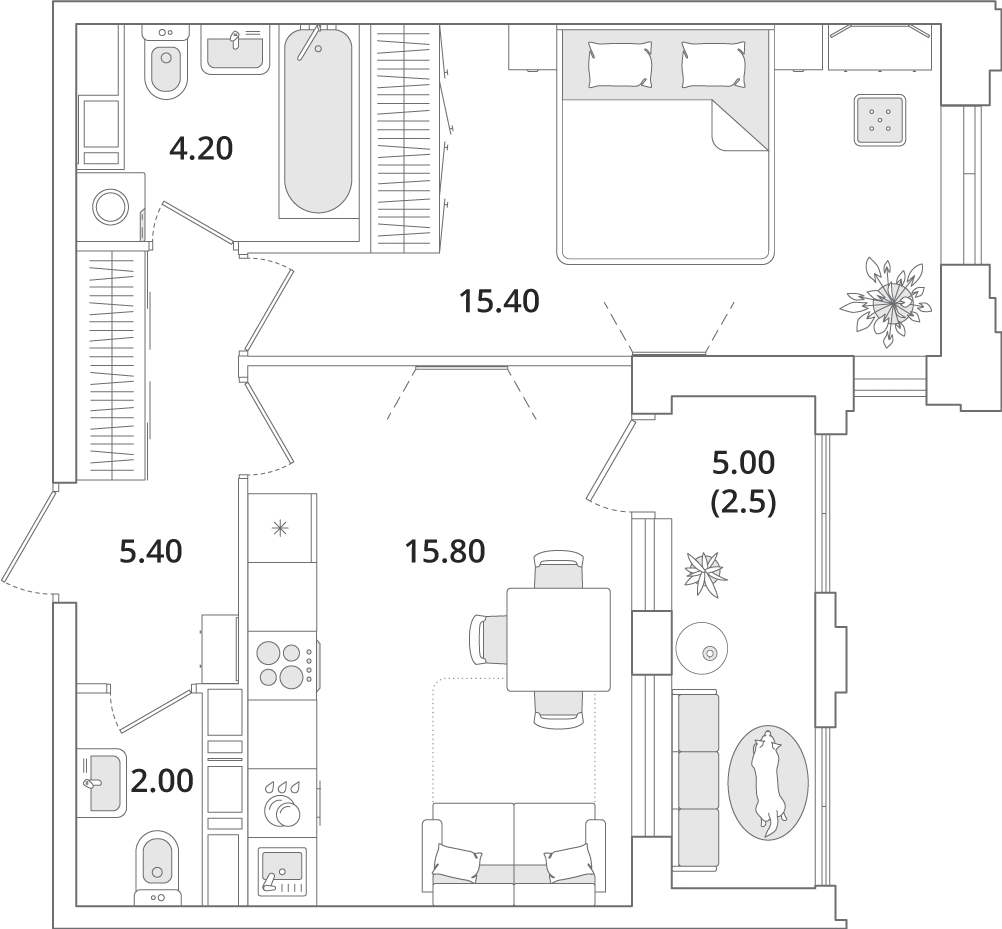 2-комнатная квартира с отделкой в ЖК Зеленодар на 14 этаже в 1 секции. Сдача в 3 кв. 2024 г.