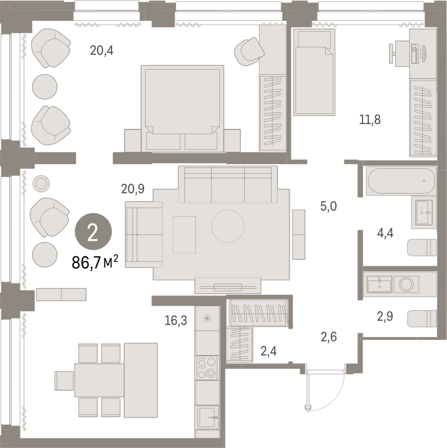 2-комнатная квартира с отделкой в ЖК Зеленодар на 8 этаже в 1 секции. Сдача в 2 кв. 2025 г.