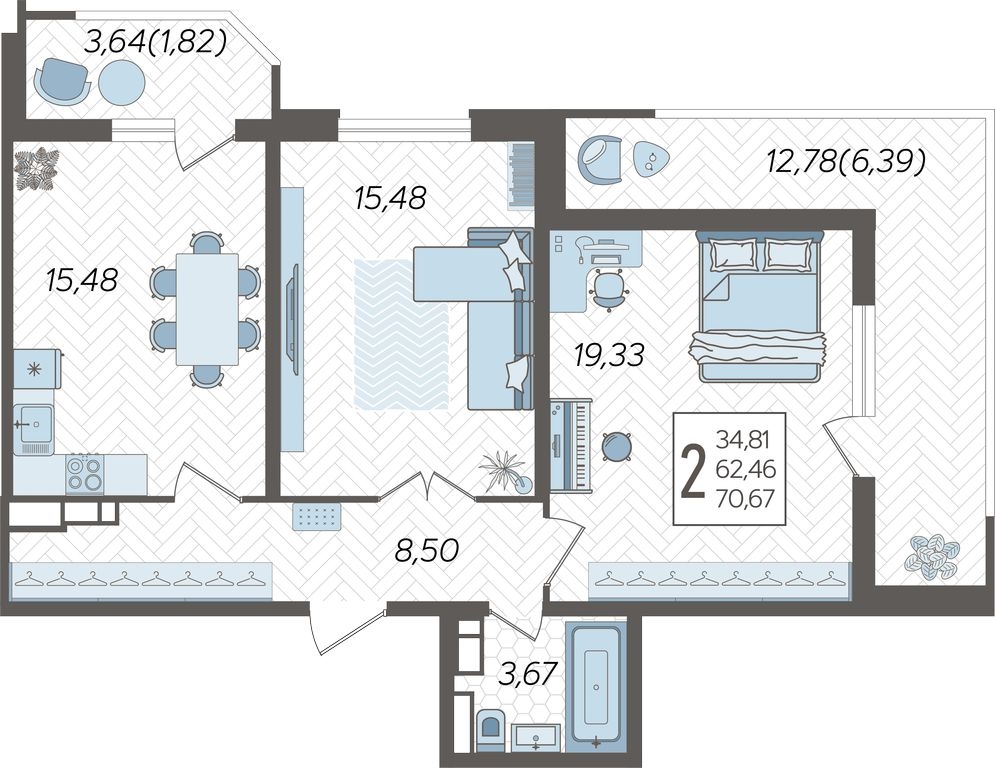 3-комнатная квартира с отделкой в Микрорайон Европейский Берег на 12 этаже в 1 секции. Сдача в 2 кв. 2026 г.