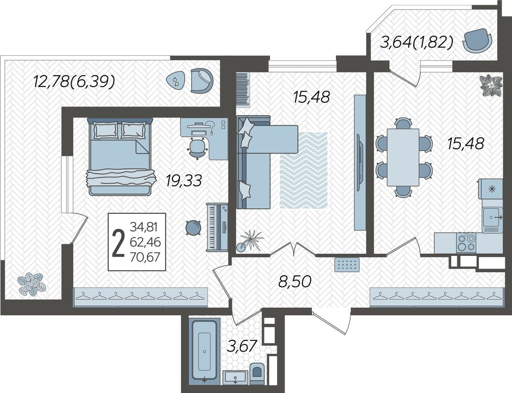 2-комнатная квартира с отделкой в ЖК Пшеница на 5 этаже в 3 секции. Сдача в 1 кв. 2026 г.