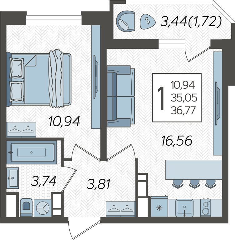 2-комнатная квартира с отделкой в е.квартал «Мир внутри» на 3 этаже в 1 секции. Сдача в 4 кв. 2024 г.