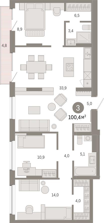 4-комнатная квартира в ЖК Квартал на набережной NOW на 14 этаже в 1 секции. Сдача в 4 кв. 2022 г.