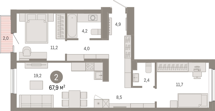 2-комнатная квартира в ЖК Квартал на набережной NOW на 4 этаже в 1 секции. Сдача в 4 кв. 2022 г.