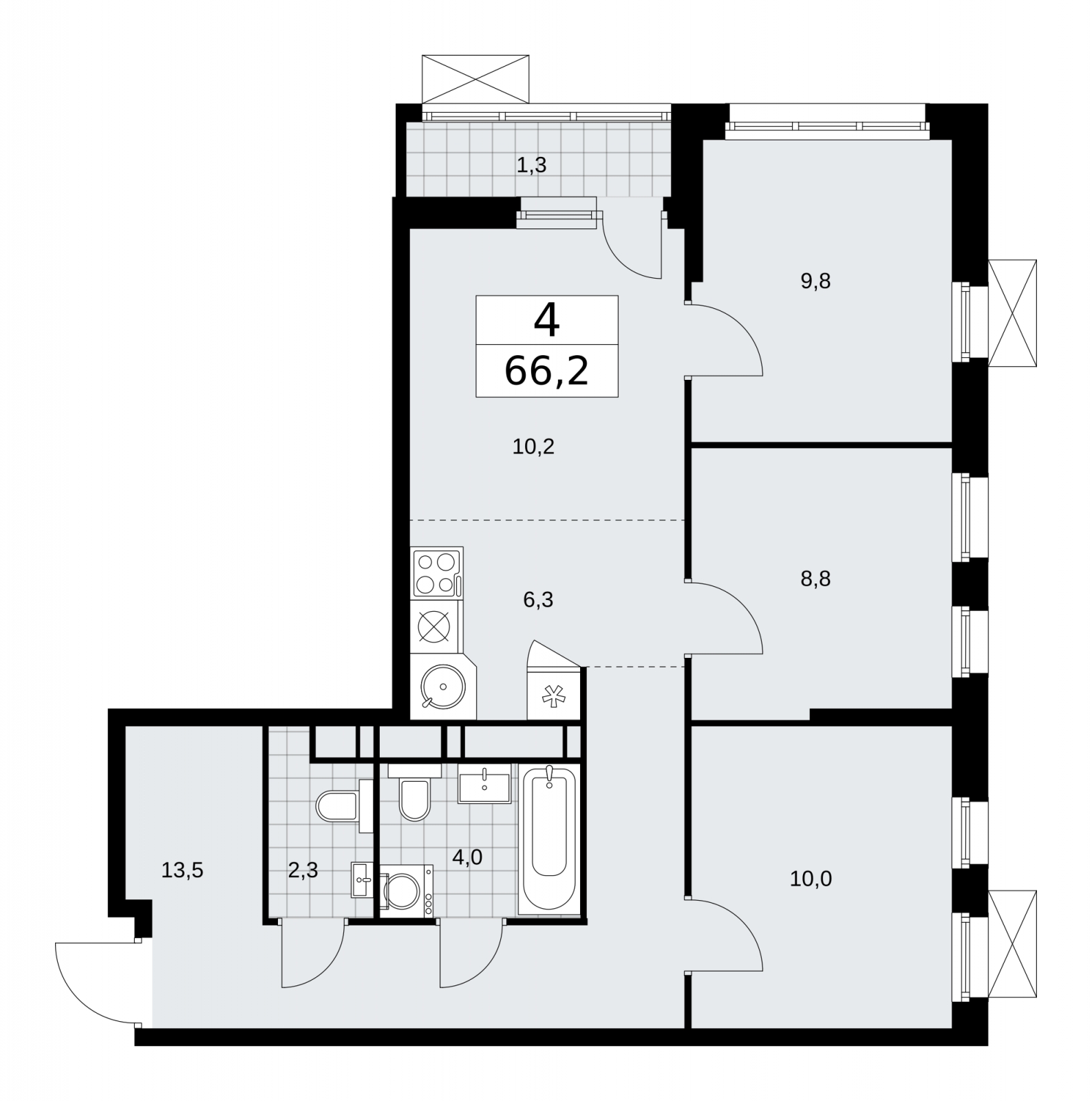 4-комнатная квартира в ЖК Скандинавия на 12 этаже в 1 секции. Сдача в 1 кв. 2026 г.