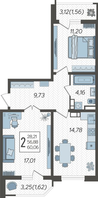 2-комнатная квартира с отделкой в Квартал Авиатор на 5 этаже в 4 секции. Сдача в 3 кв. 2025 г.