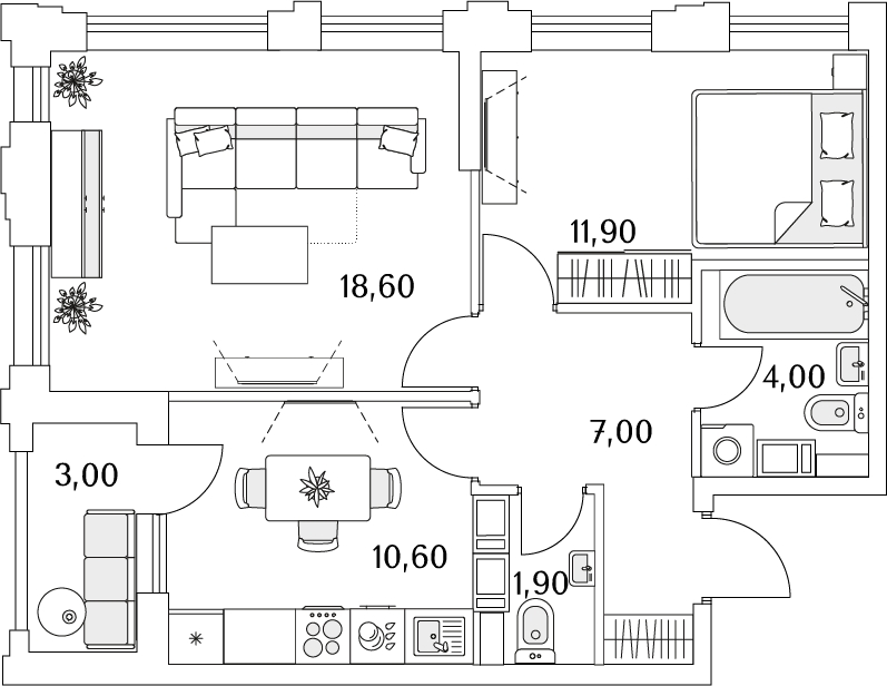 2-комнатная квартира с отделкой в Кварталы Драверта на 7 этаже в 2 секции. Сдача в 2 кв. 2026 г.