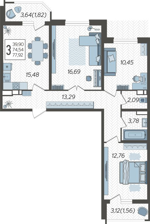 1-комнатная квартира (Студия) с отделкой в Квартал Авиатор на 12 этаже в 3 секции. Сдача в 3 кв. 2024 г.