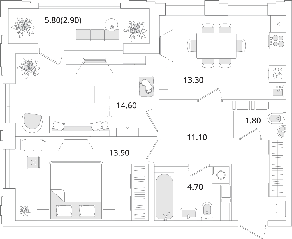 2-комнатная квартира с отделкой в Кварталы Драверта на 1 этаже в 5 секции. Сдача в 2 кв. 2026 г.