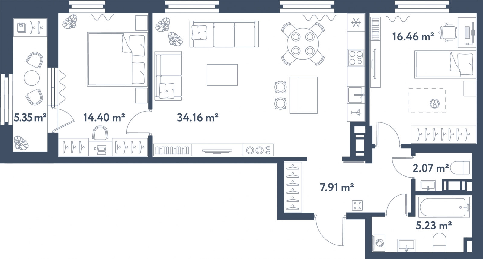 2-комнатная квартира с отделкой в е.квартал «Мир внутри» на 5 этаже в 1 секции. Сдача в 4 кв. 2024 г.