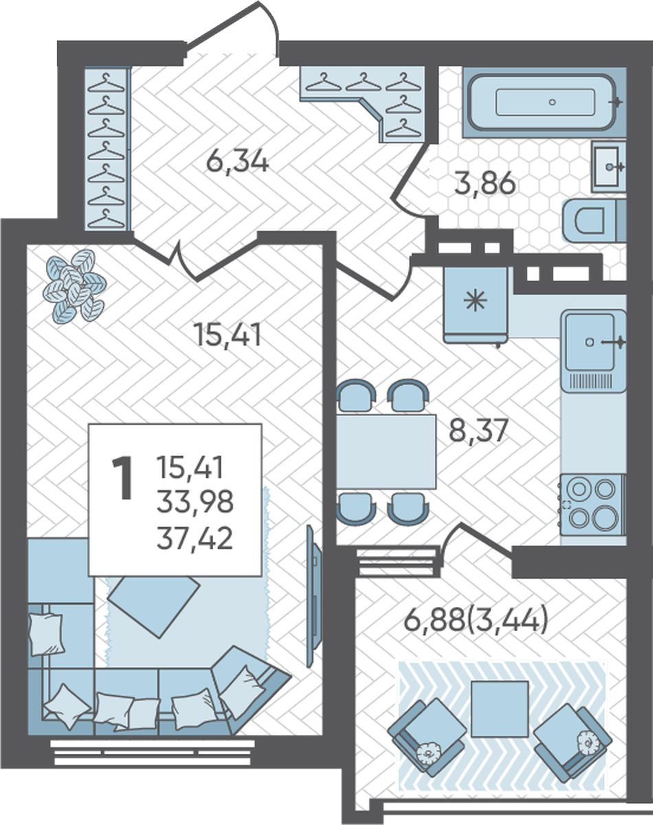1-комнатная квартира с отделкой в ЖК MOD на 25 этаже в 1 секции. Сдача в 4 кв. 2024 г.