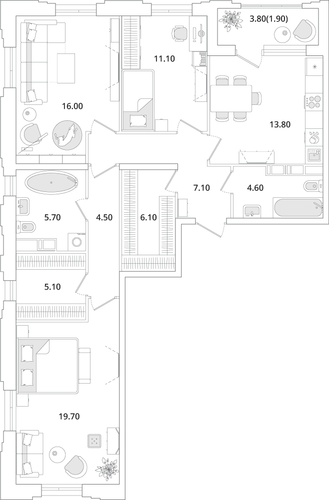 2-комнатная квартира с отделкой в Квартал На Декабристов на 4 этаже в 8 секции. Сдача в 3 кв. 2025 г.