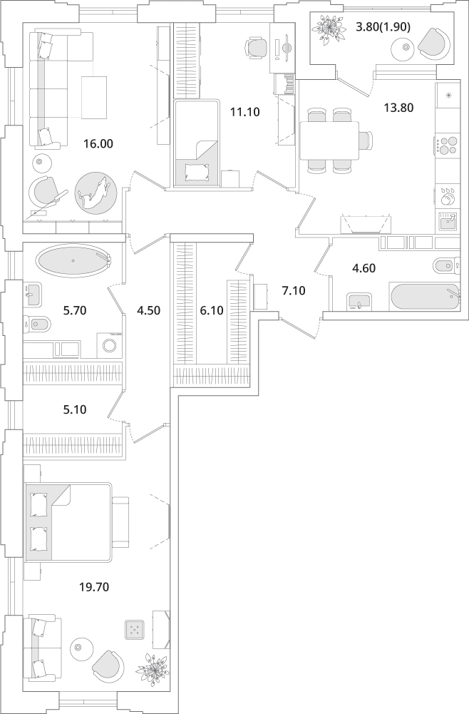 2-комнатная квартира с отделкой в Квартал На Декабристов на 7 этаже в 1 секции. Сдача в 3 кв. 2025 г.