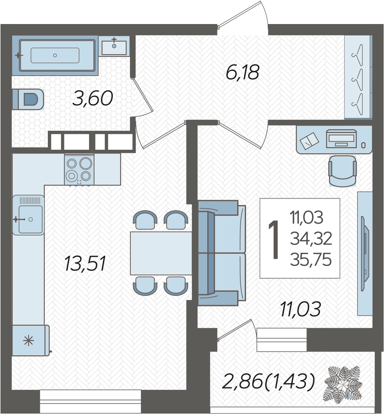 2-комнатная квартира в ЖК Небо на 7 этаже в 1 секции. Сдача в 3 кв. 2025 г.