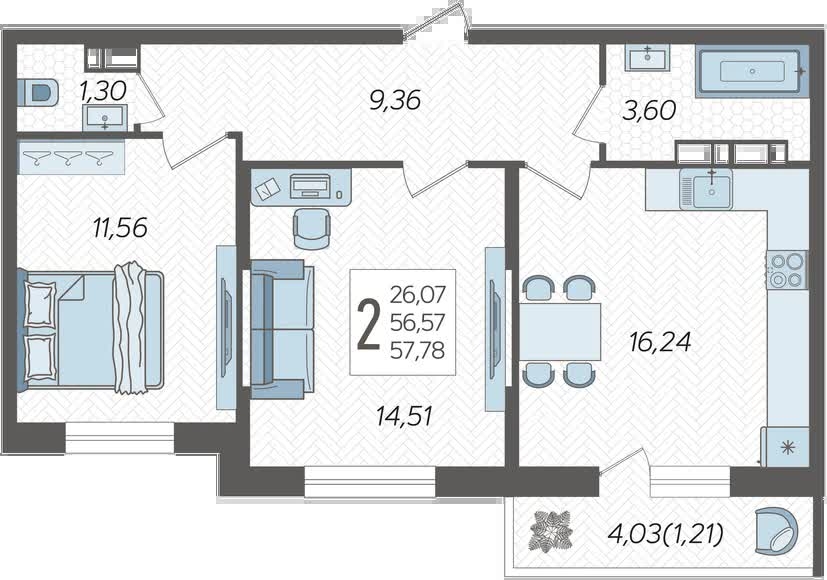 1-комнатная квартира с отделкой в ЖК Республики 205 на 12 этаже в 1 секции. Сдача в 4 кв. 2025 г.