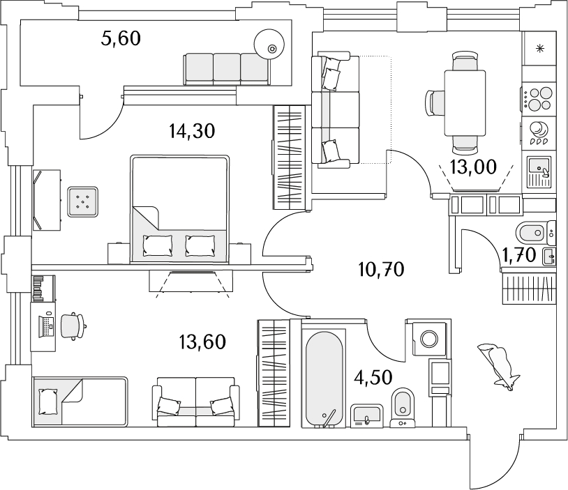 2-комнатная квартира с отделкой в Кварталы Драверта на 3 этаже в 7 секции. Сдача в 2 кв. 2026 г.