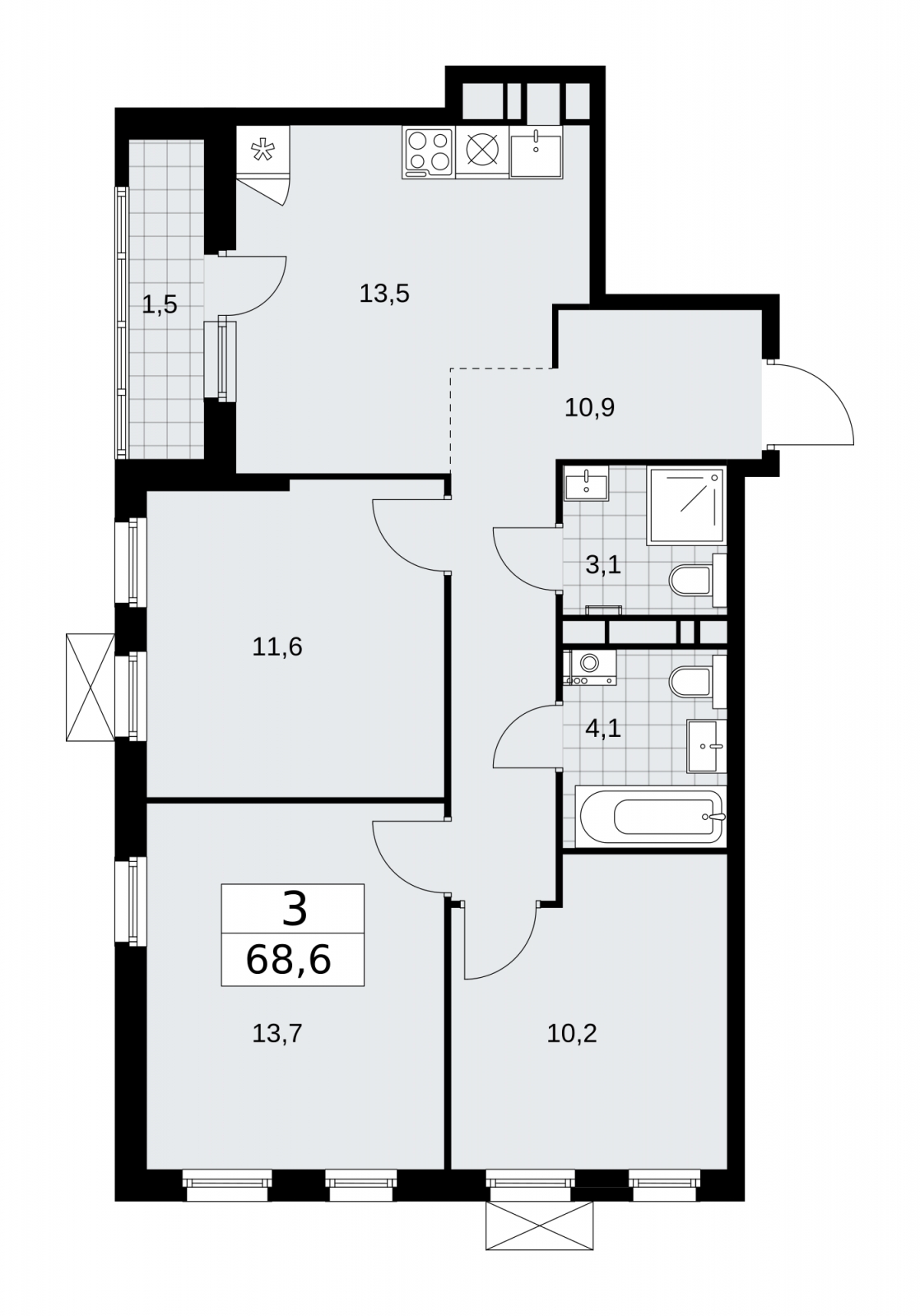 2-комнатная квартира в ЖК Скандинавия на 4 этаже в 1 секции. Сдача в 1 кв. 2026 г.
