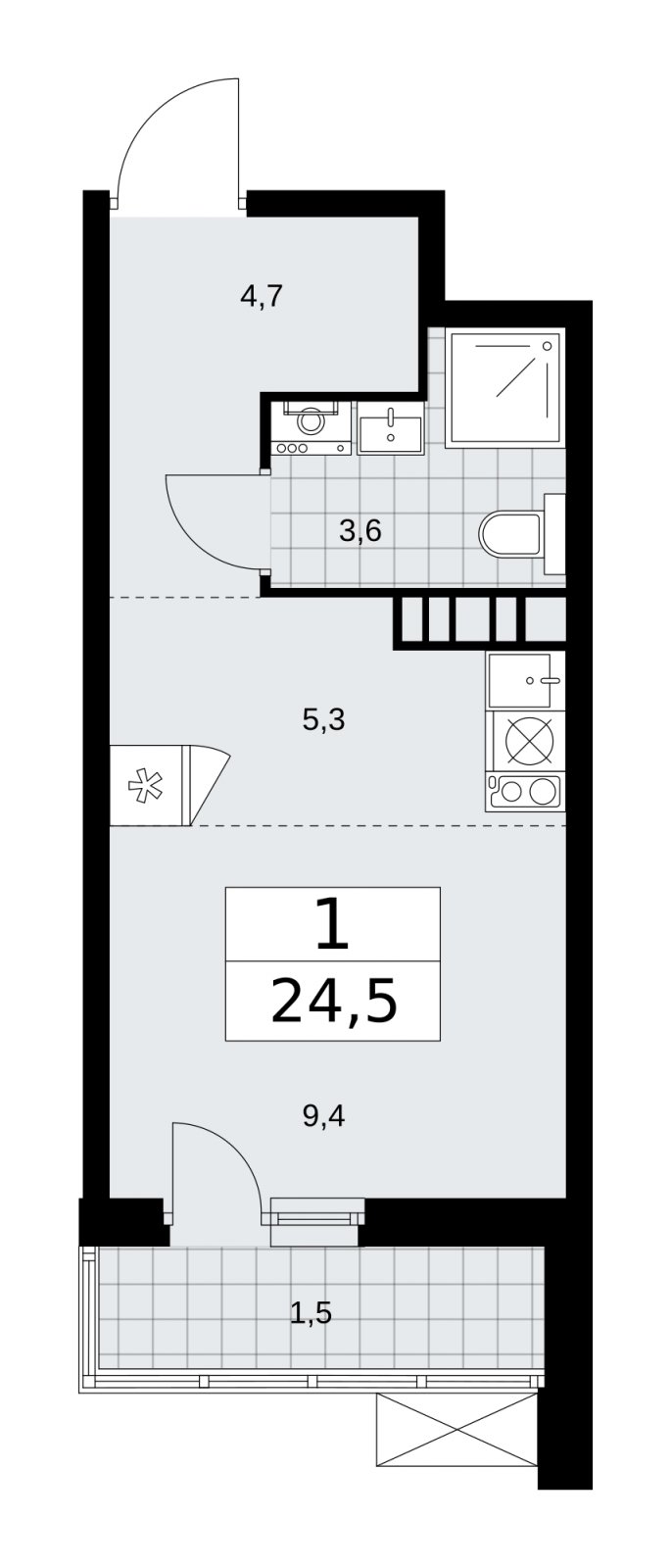 1-комнатная квартира (Студия) в ЖК Скандинавия на 2 этаже в 1 секции. Сдача в 1 кв. 2026 г.