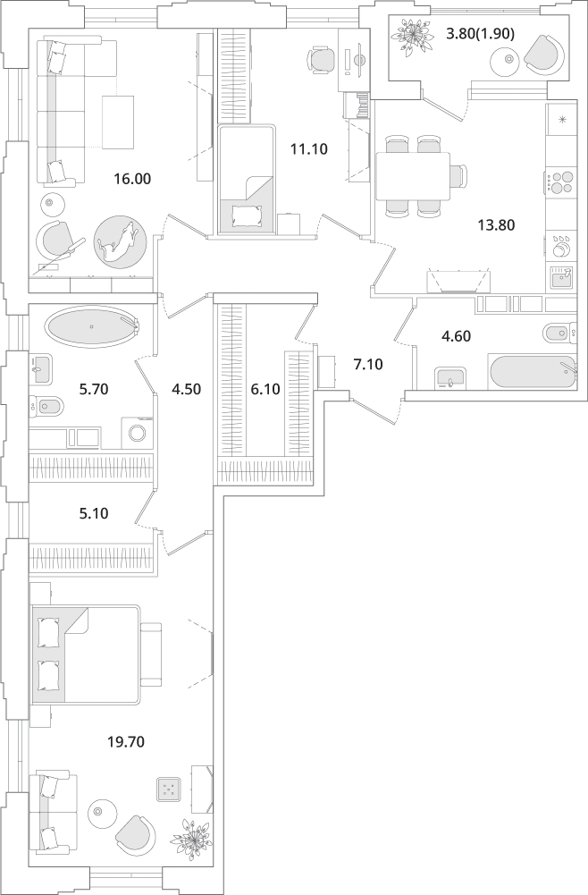 2-комнатная квартира в ЖК Тайм Сквер на 7 этаже в 1 секции. Сдача в 2 кв. 2024 г.