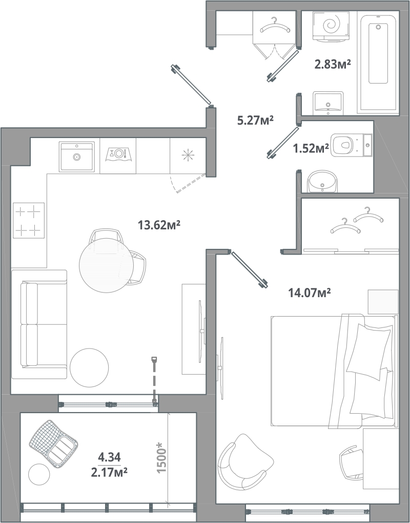 1-комнатная квартира (Студия) в ЖК Тайм Сквер на 8 этаже в 1 секции. Сдача в 2 кв. 2024 г.