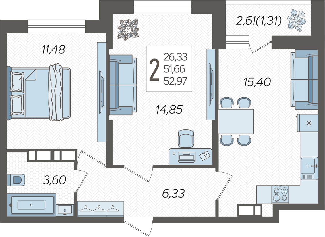2-комнатная квартира с отделкой в ЖК Республики 205 на 3 этаже в 3 секции. Сдача в 1 кв. 2026 г.