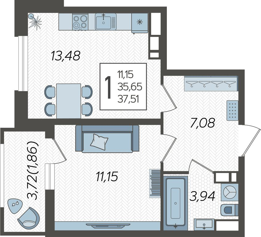 1-комнатная квартира (Студия) с отделкой в ЖК Мытищи Парк на 14 этаже в 2 секции. Сдача в 3 кв. 2023 г.
