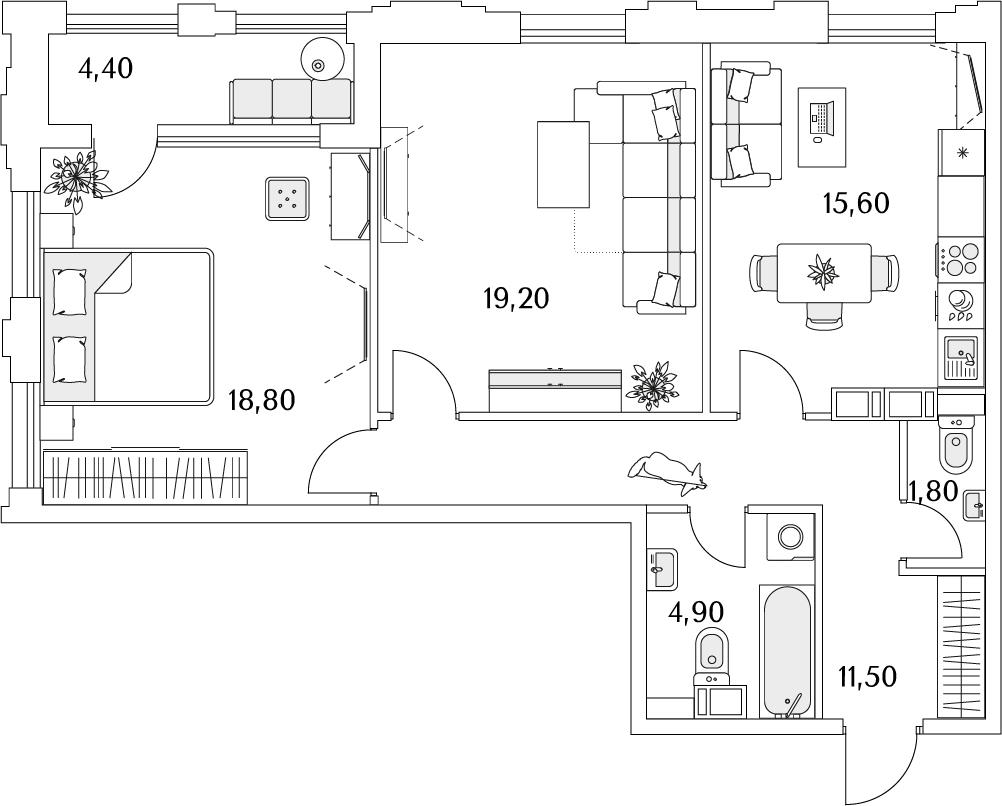 3-комнатная квартира с отделкой в е.квартал «Мир внутри» на 6 этаже в 1 секции. Сдача в 4 кв. 2024 г.