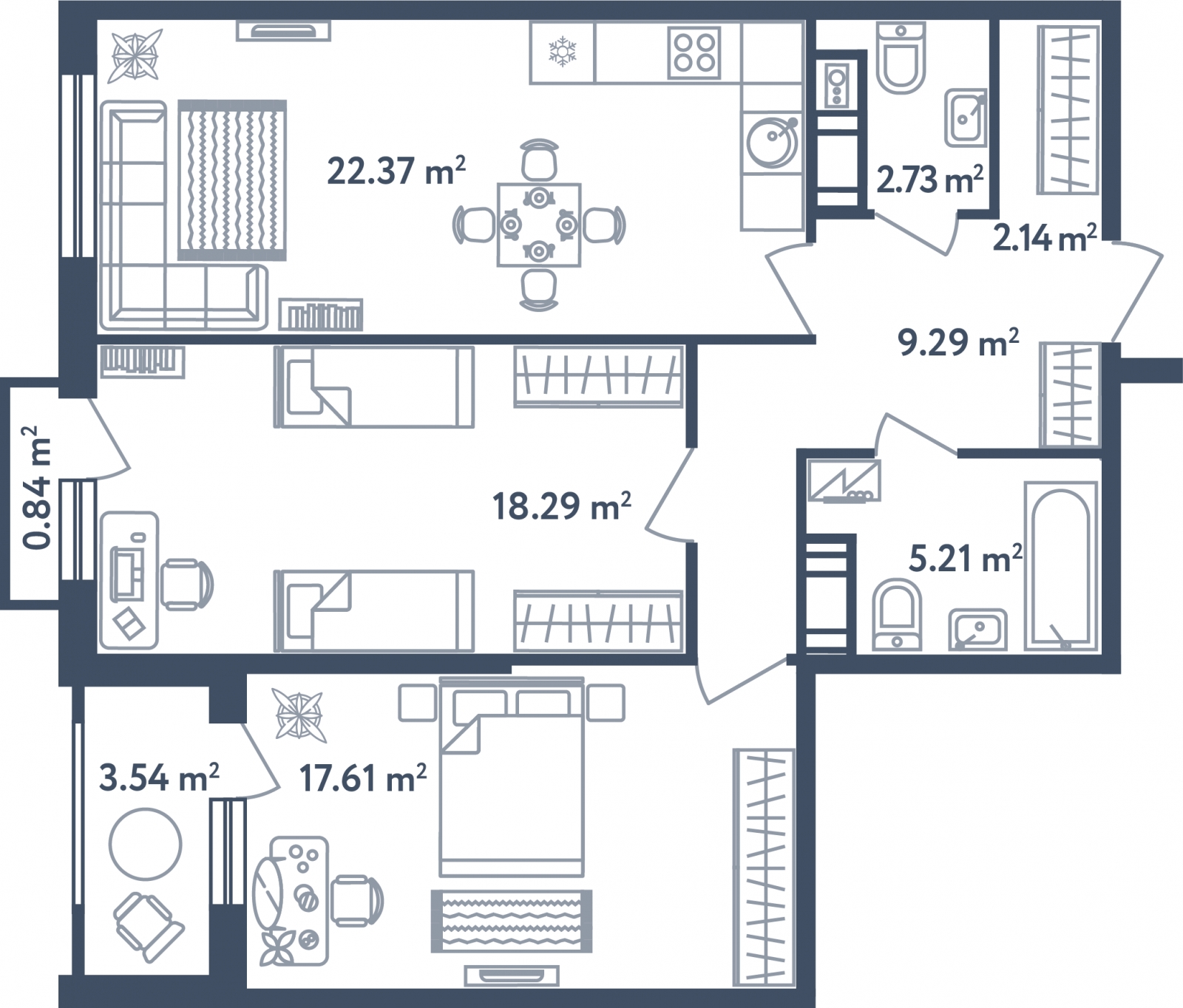 2-комнатная квартира в ЖК Upside Towers на 24 этаже в 1 секции. Сдача в 2 кв. 2026 г.