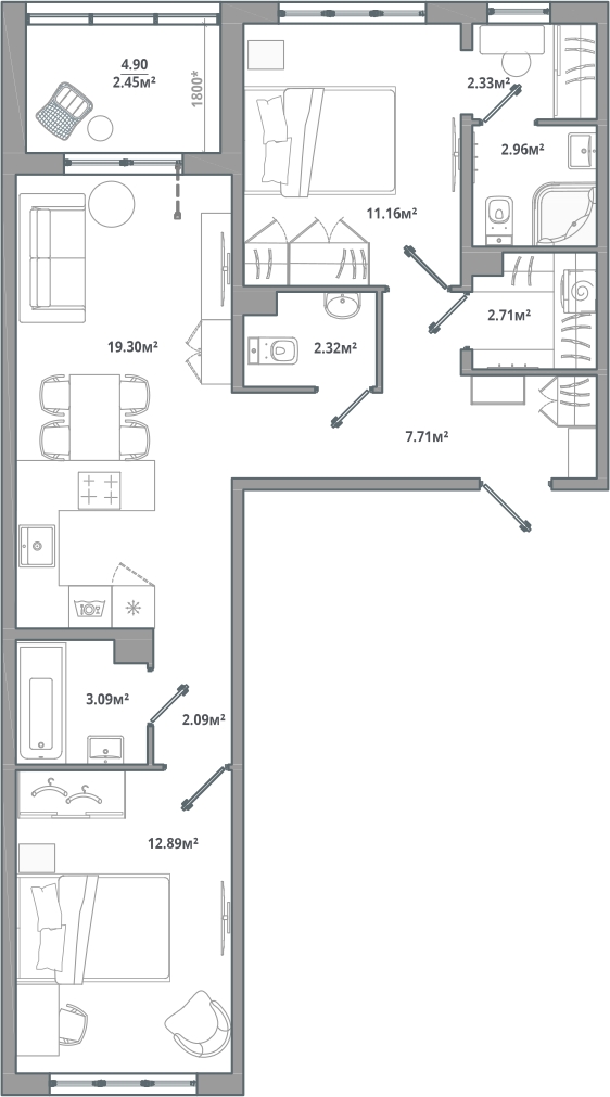 2-комнатная квартира с отделкой в ЖК Тайм Сквер на 3 этаже в 1 секции. Сдача в 4 кв. 2024 г.