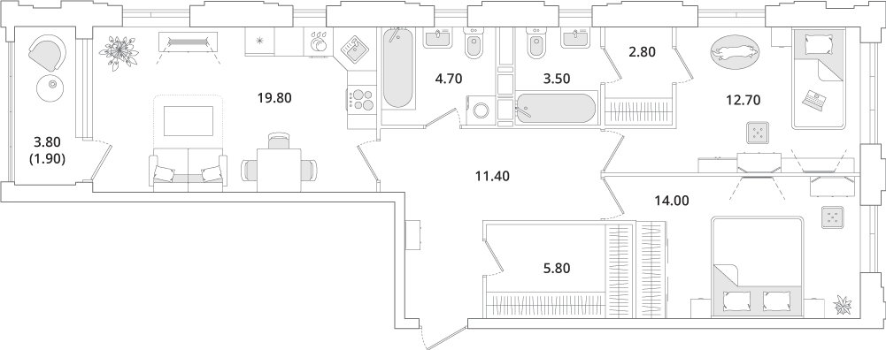 2-комнатная квартира в ЖК Тайм Сквер на 12 этаже в 1 секции. Сдача в 2 кв. 2024 г.