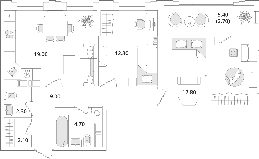 2-комнатная квартира в ЖК Тайм Сквер на 5 этаже в 1 секции. Сдача в 2 кв. 2024 г.