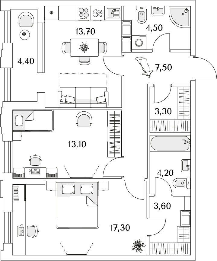3-комнатная квартира с отделкой в ЖК Республики 205 на 13 этаже в 1 секции. Сдача в 4 кв. 2025 г.