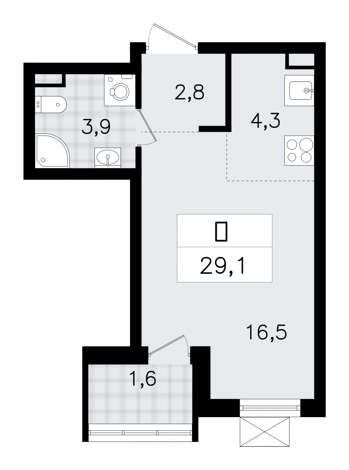 1-комнатная квартира (Студия) в ЖК Тайм Сквер на 5 этаже в 1 секции. Сдача в 2 кв. 2024 г.