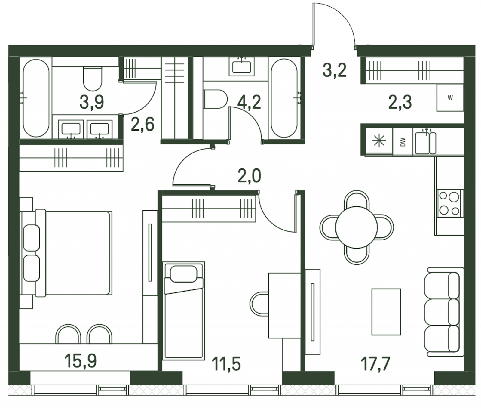 2-комнатная квартира с отделкой в ЖК Республики 205 на 17 этаже в 1 секции. Сдача в 4 кв. 2025 г.