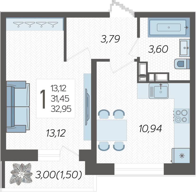 1-комнатная квартира в ЖК Полет Купавна на 13 этаже в 1 секции. Сдача в 4 кв. 2022 г.