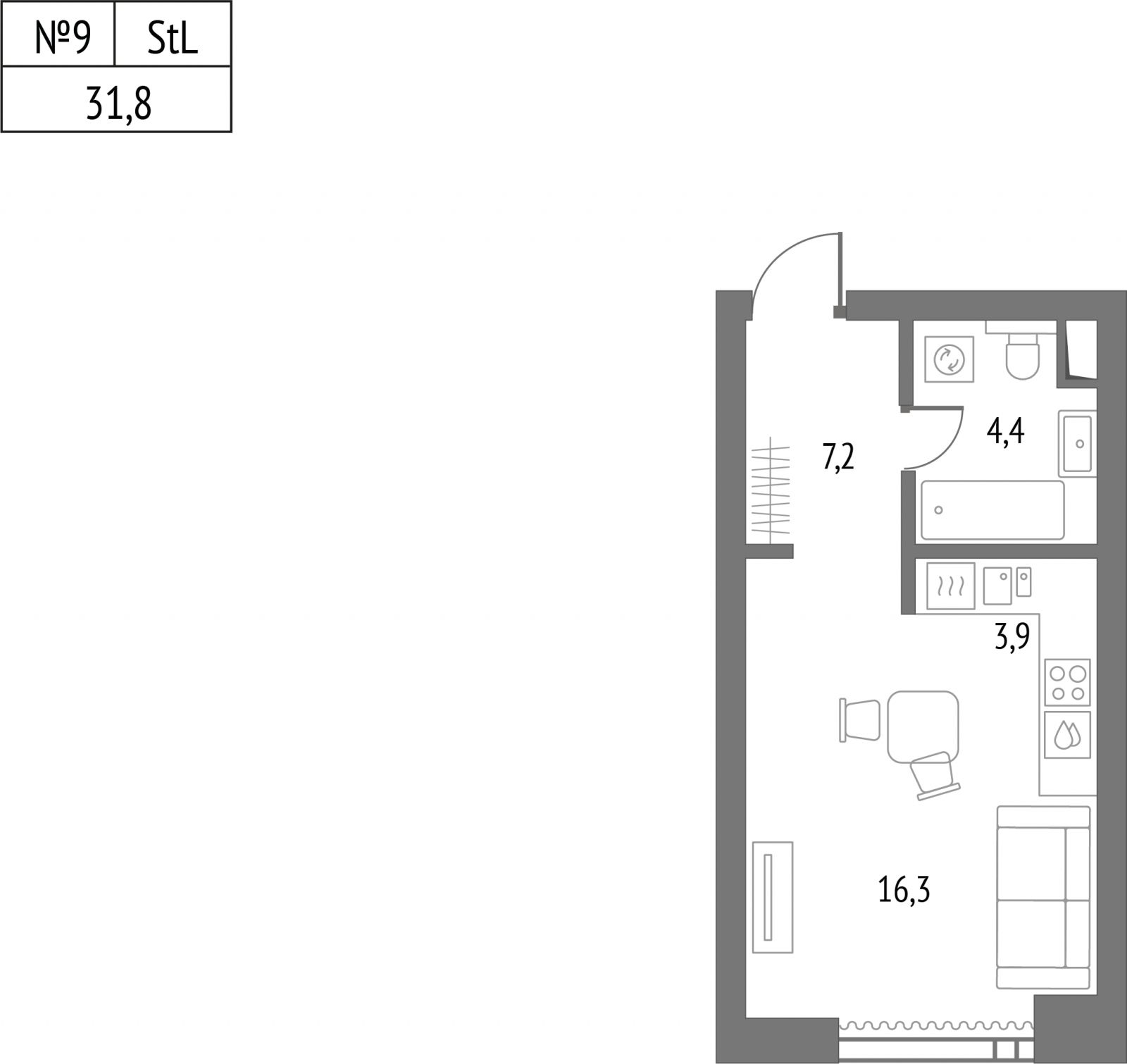 1-комнатная квартира (Студия) с отделкой в ЖК Тайм Сквер на 3 этаже в 1 секции. Сдача в 4 кв. 2024 г.