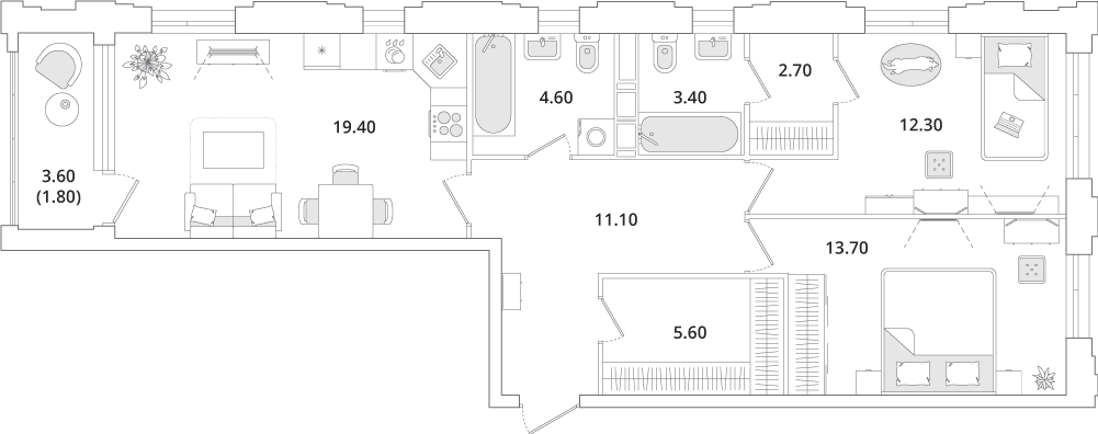 2-комнатная квартира с отделкой в ЖК Тайм Сквер на 6 этаже в 1 секции. Сдача в 4 кв. 2024 г.