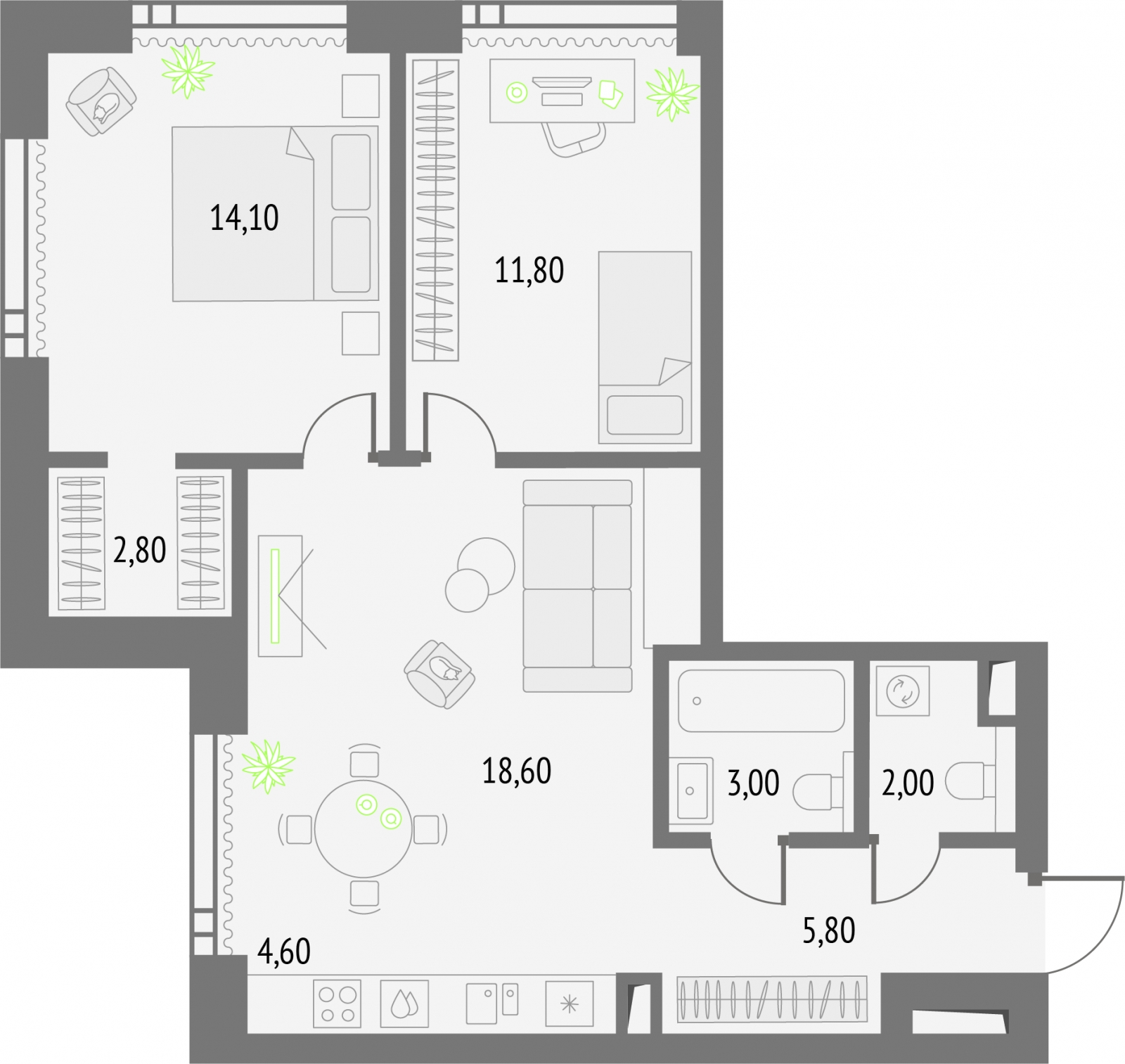 2-комнатная квартира с отделкой в ЖК Тайм Сквер на 12 этаже в 1 секции. Сдача в 4 кв. 2024 г.
