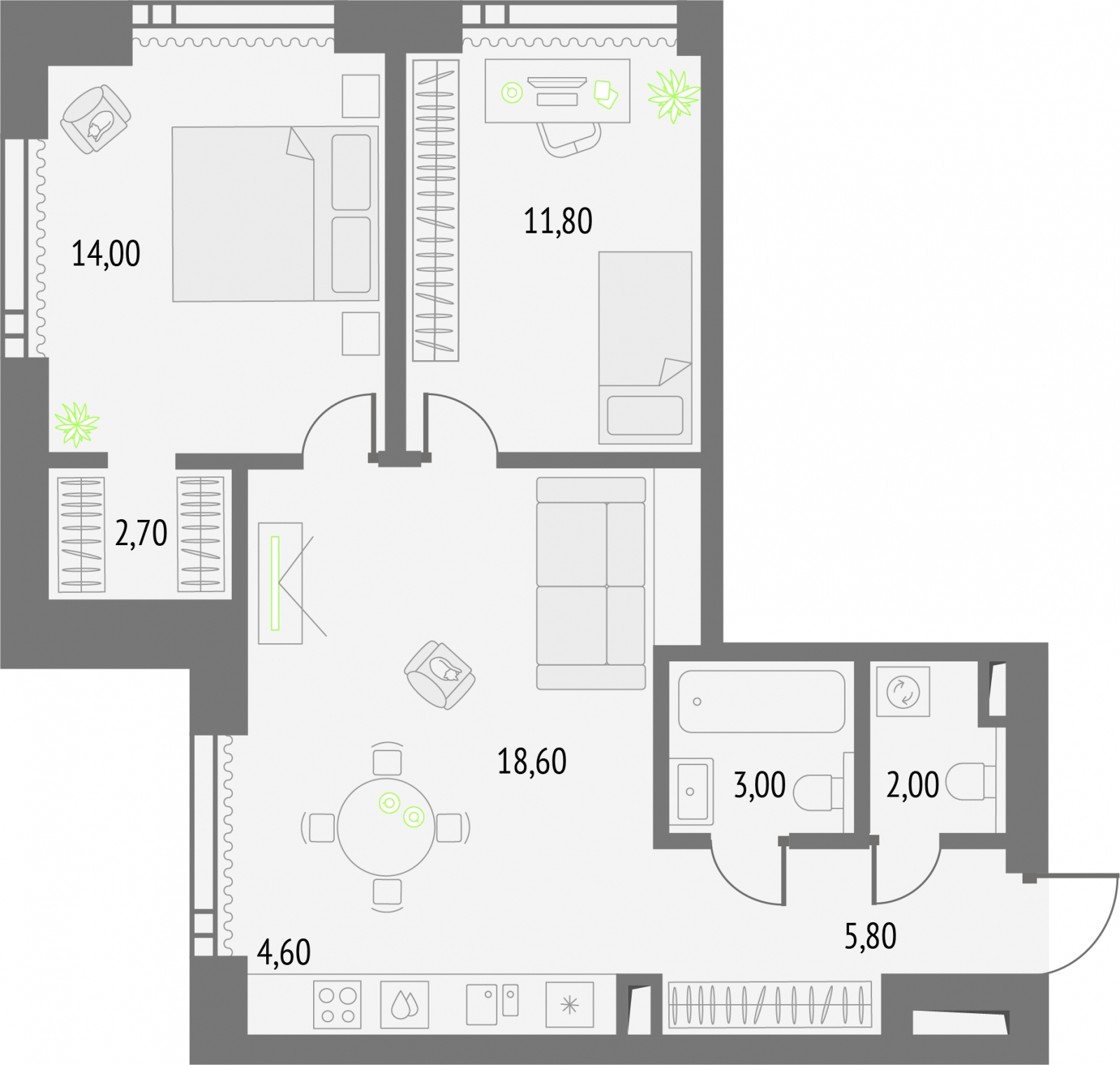 2-комнатная квартира с отделкой в ЖК Республики 205 на 2 этаже в 2 секции. Сдача в 4 кв. 2025 г.