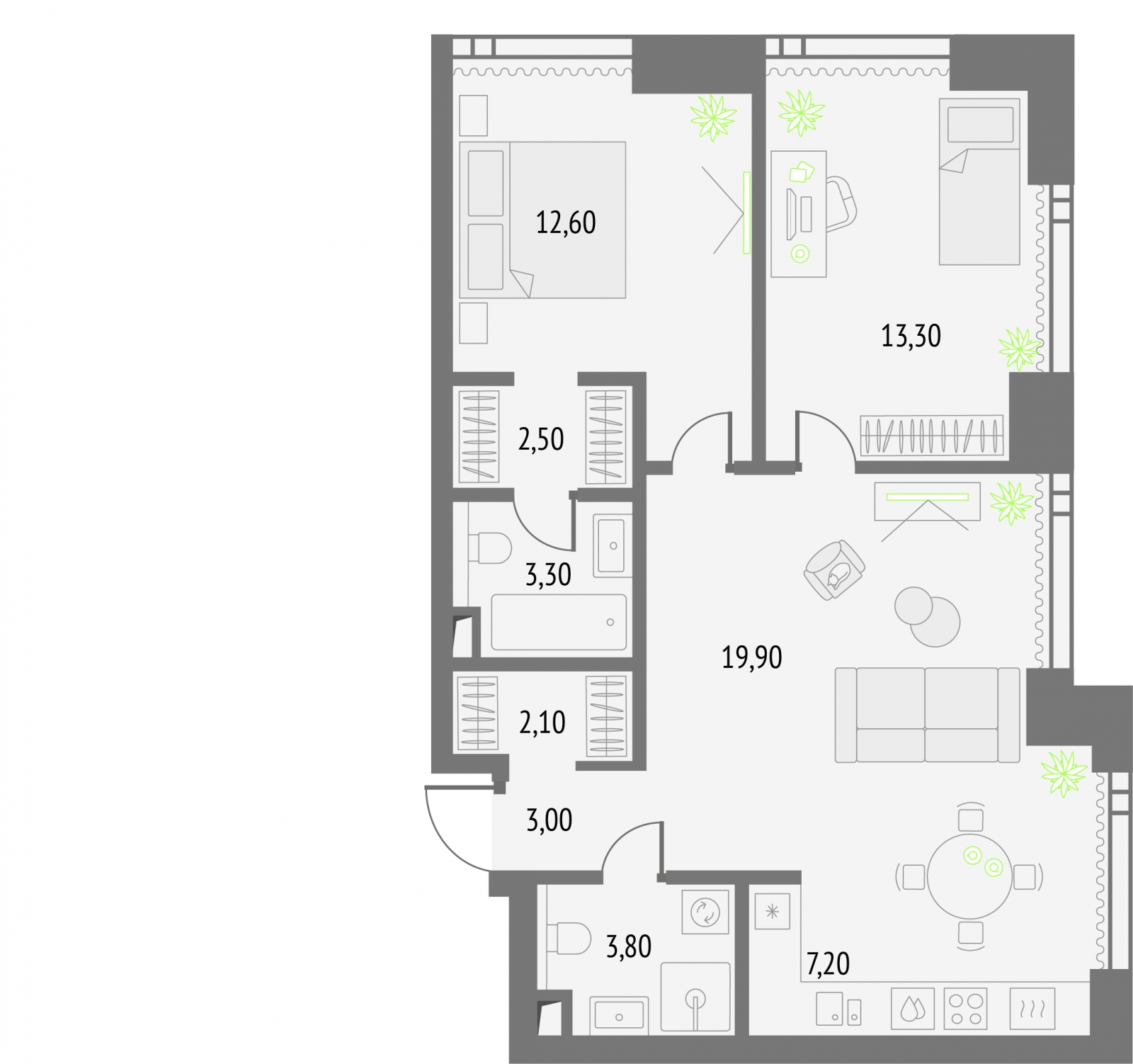 2-комнатная квартира с отделкой в ЖК Республики 205 на 4 этаже в 2 секции. Сдача в 4 кв. 2025 г.