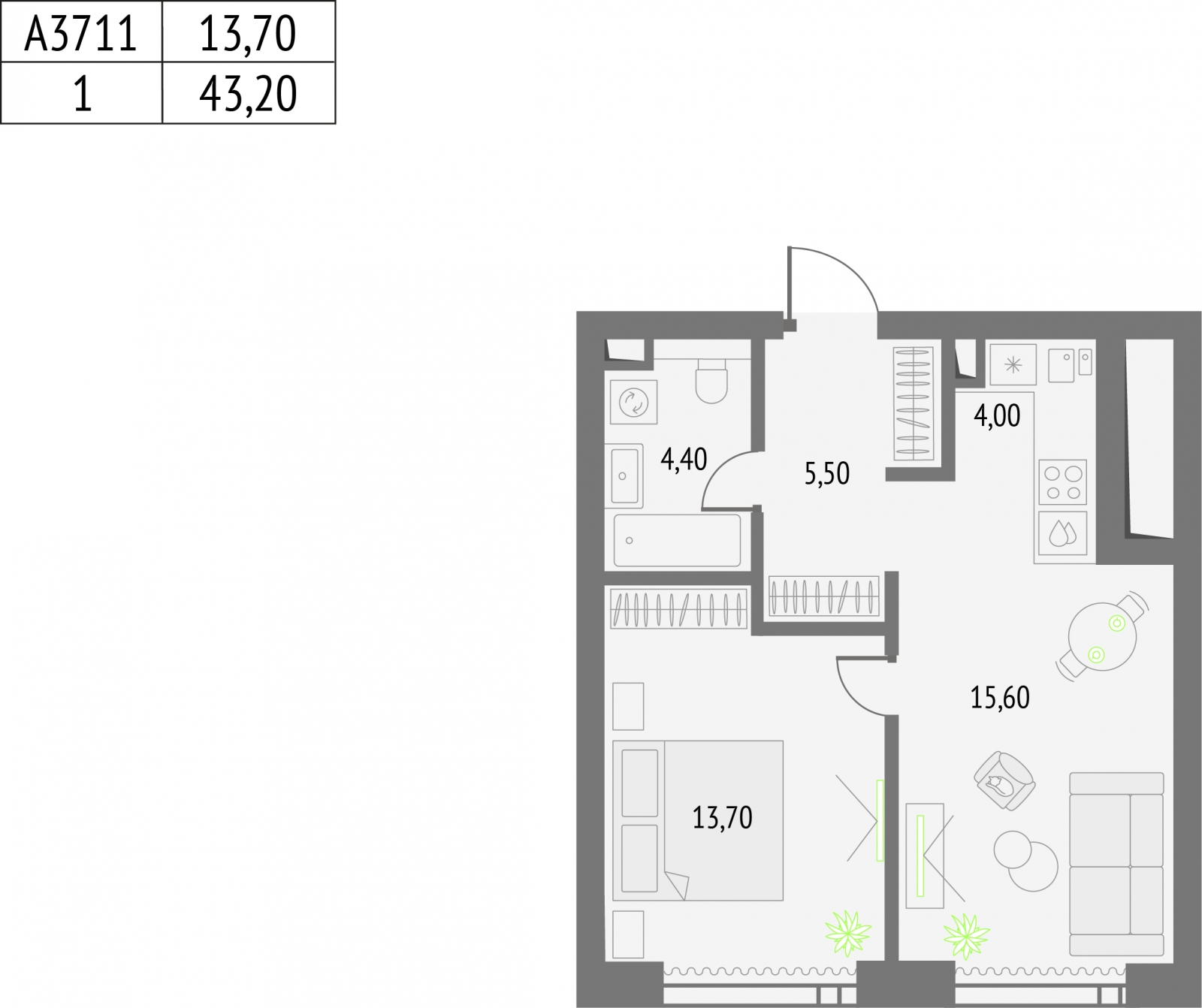 2-комнатная квартира в ЖК Тайм Сквер на 4 этаже в 1 секции. Сдача в 4 кв. 2024 г.
