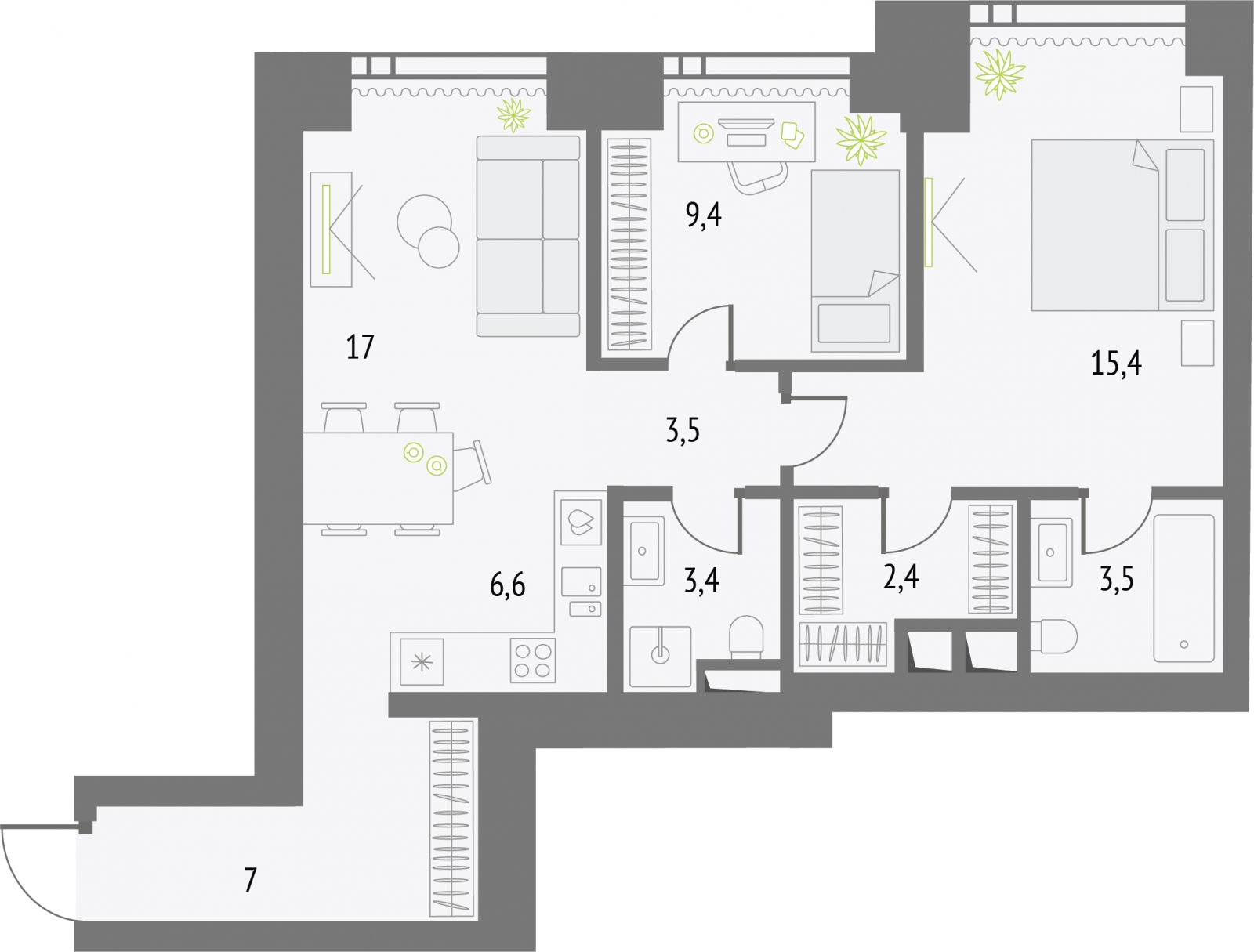 2-комнатная квартира с отделкой в ЖК Республики 205 на 4 этаже в 1 секции. Сдача в 4 кв. 2025 г.