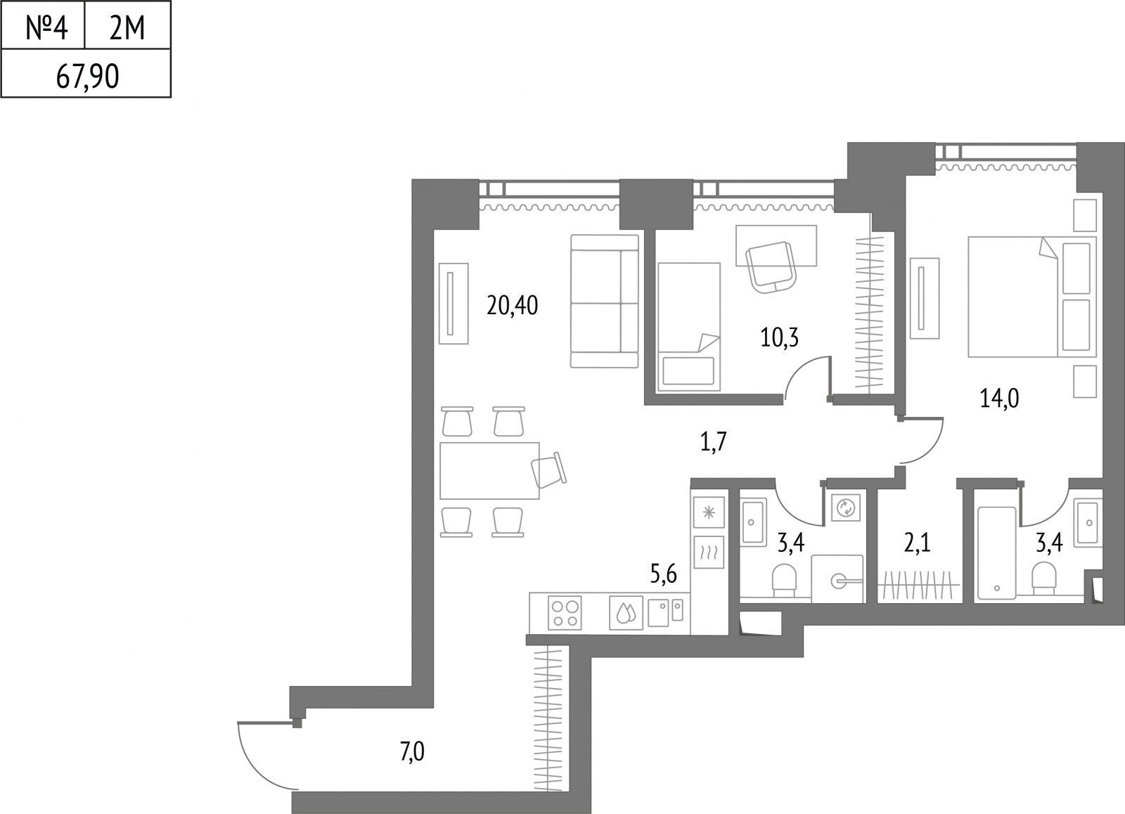 2-комнатная квартира с отделкой в ЖК Смородина на 13 этаже в 1 секции. Сдача в 1 кв. 2026 г.