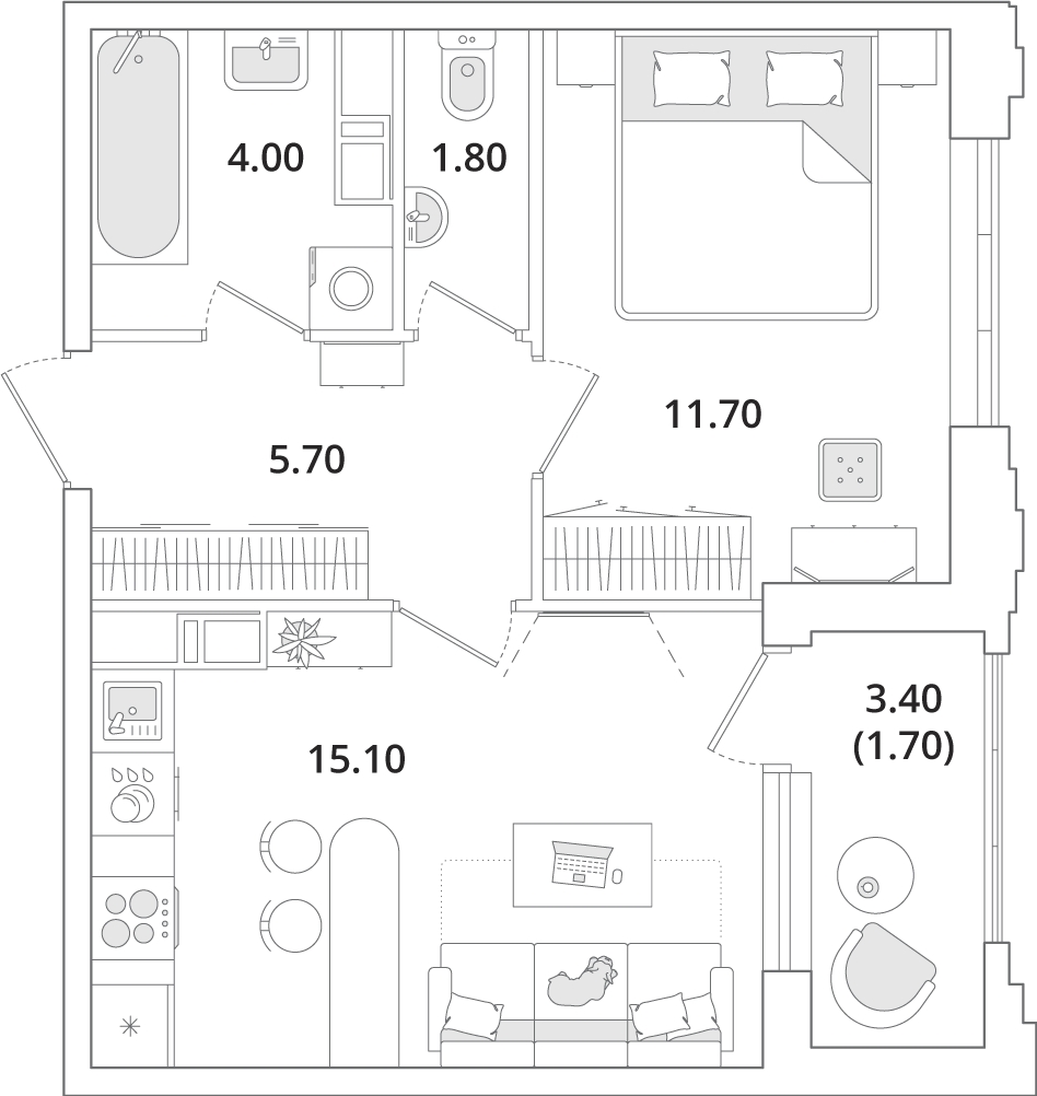 2-комнатная квартира в ЖК Level Мичуринский на 3 этаже в 1 секции. Сдача в 4 кв. 2024 г.