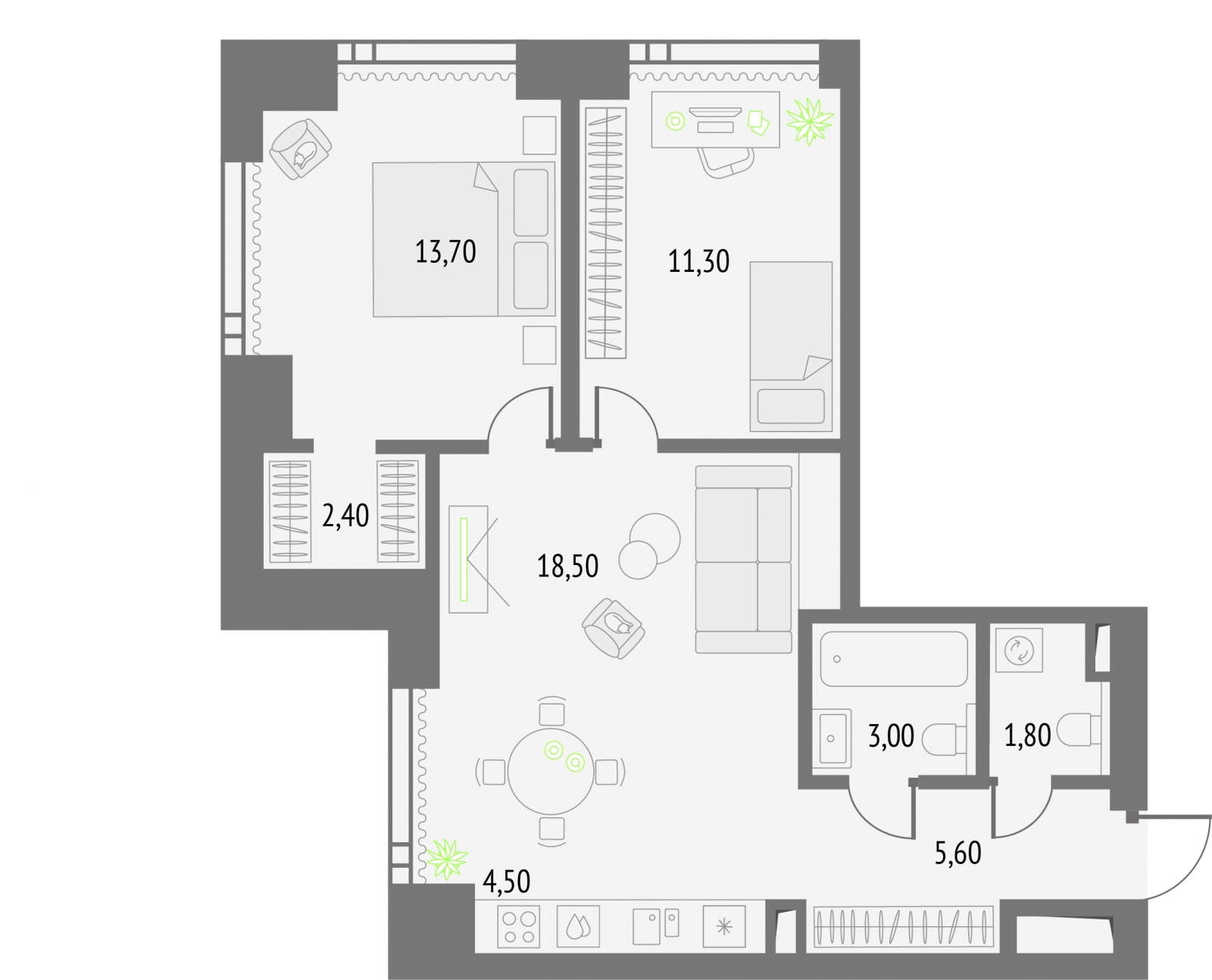 2-комнатная квартира в ЖК Тайм Сквер на 10 этаже в 1 секции. Сдача в 4 кв. 2024 г.