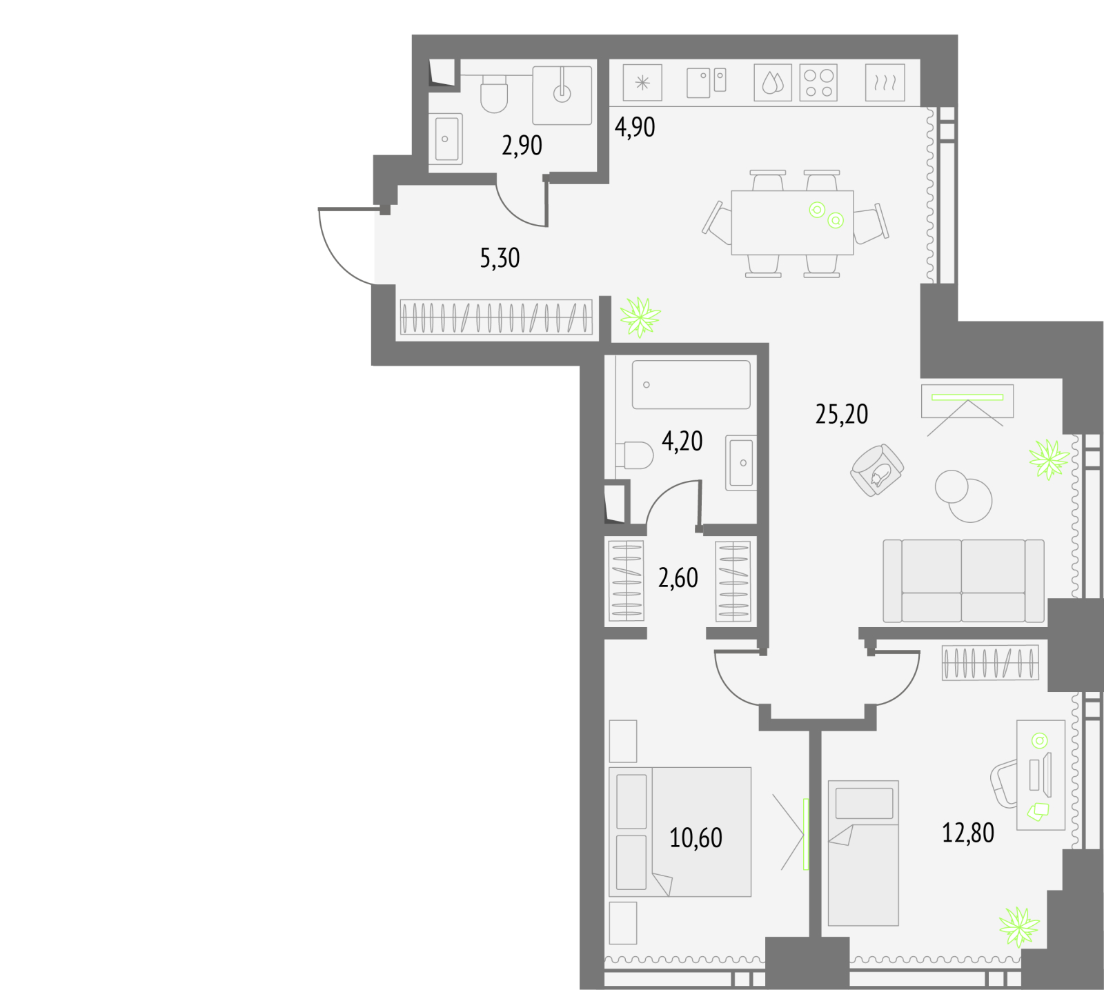 2-комнатная квартира с отделкой в ЖК Тайм Сквер на 12 этаже в 1 секции. Сдача в 4 кв. 2024 г.